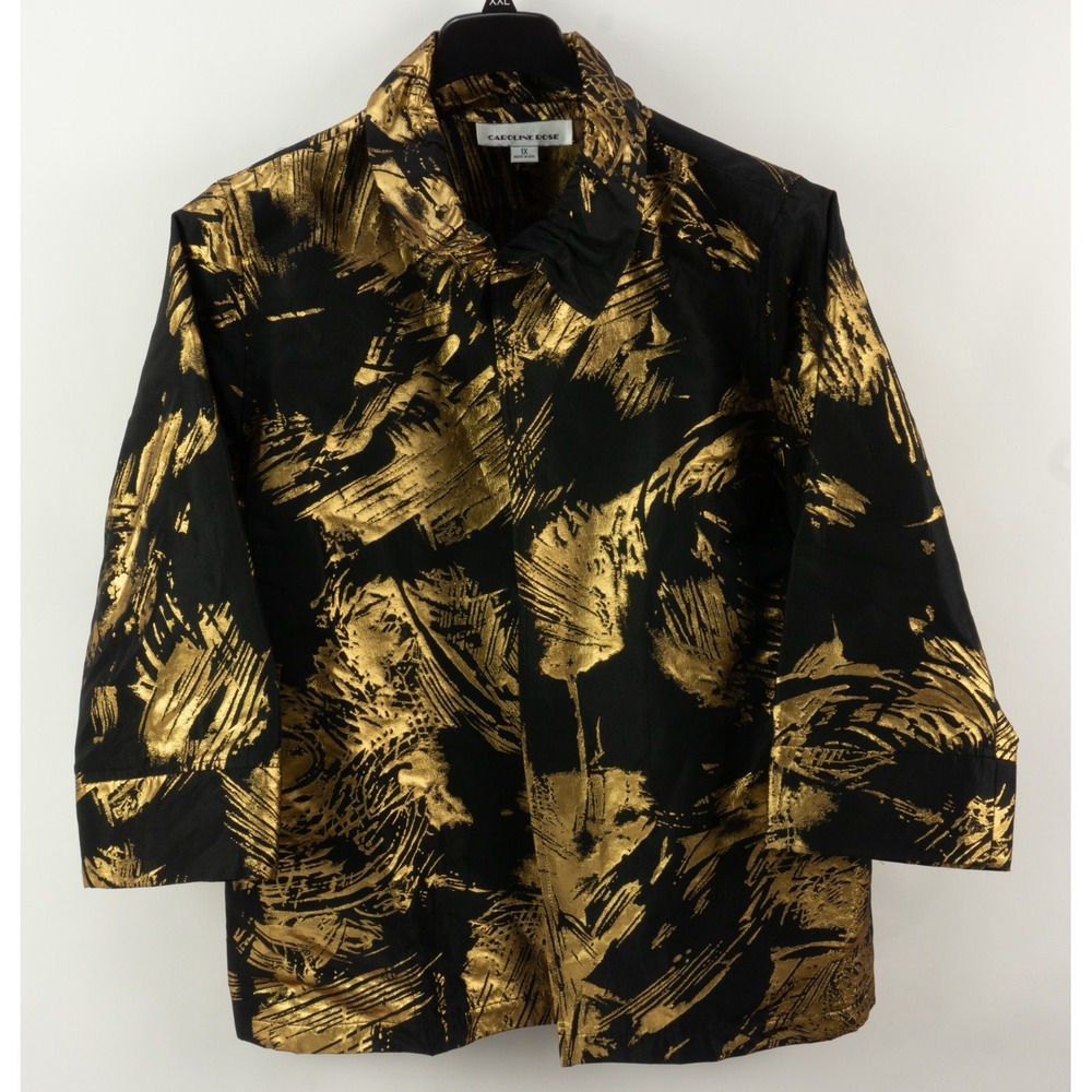 $598 Caroline Rose Black Gold Metallic Jacquard Open Front Evening Jacket Sz 1X